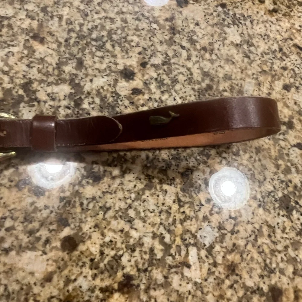 Vintage Royden Narrow Brown Leather Belt Brass Whales Size 30 Women’s Kids